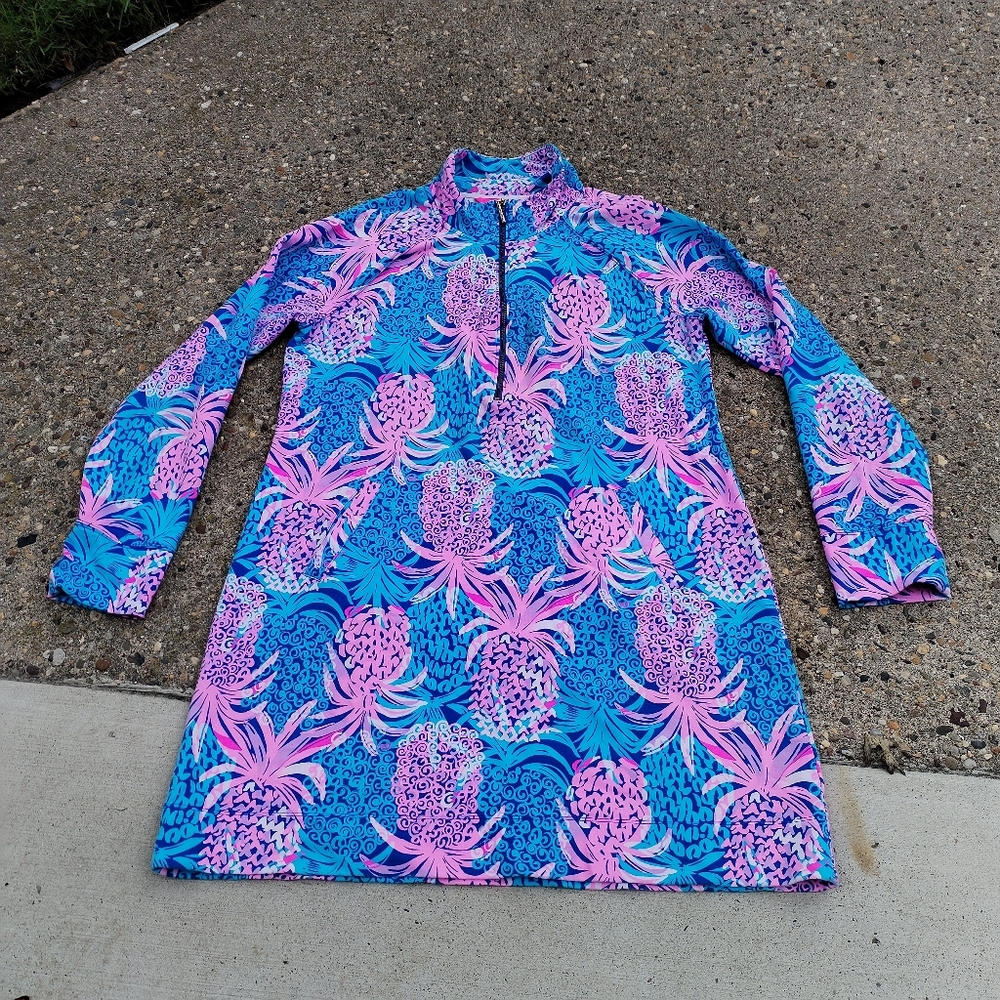 Lilly Pulitzer Skipper Dress Pineapples Pink Blue Sz XL Front Zip UP